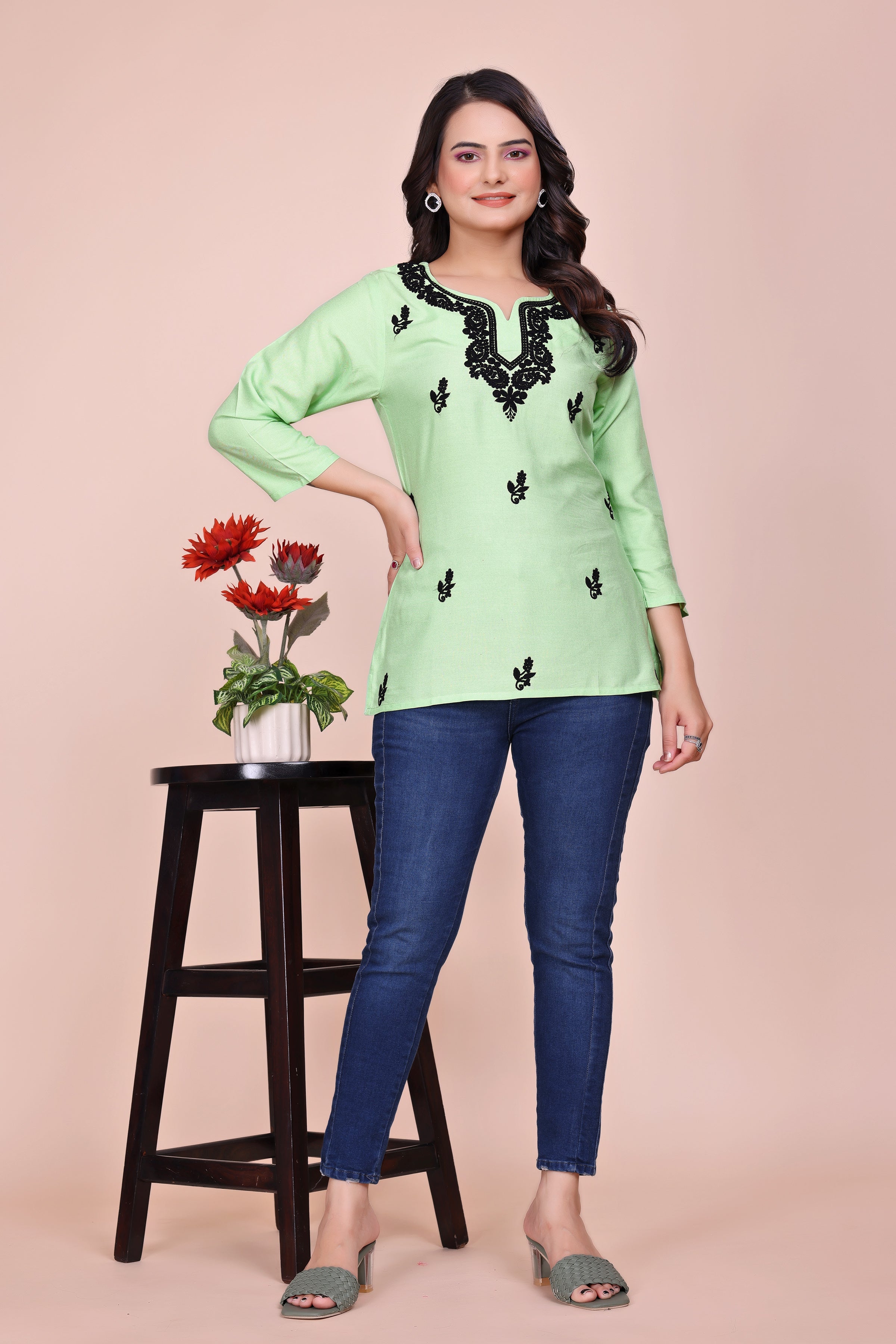 Pista Green Viscose Rayon Embroidered Tunic with 3/4 Sleeves
